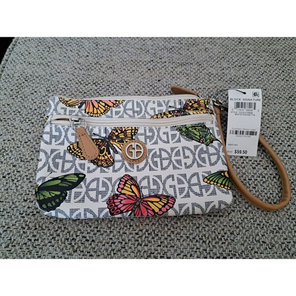 Giani Bernini Handbags - Giani Bernini WHITE Multi-Color SIG‎ Butterfly Coated Canvas Zip Hobo Wristlet
